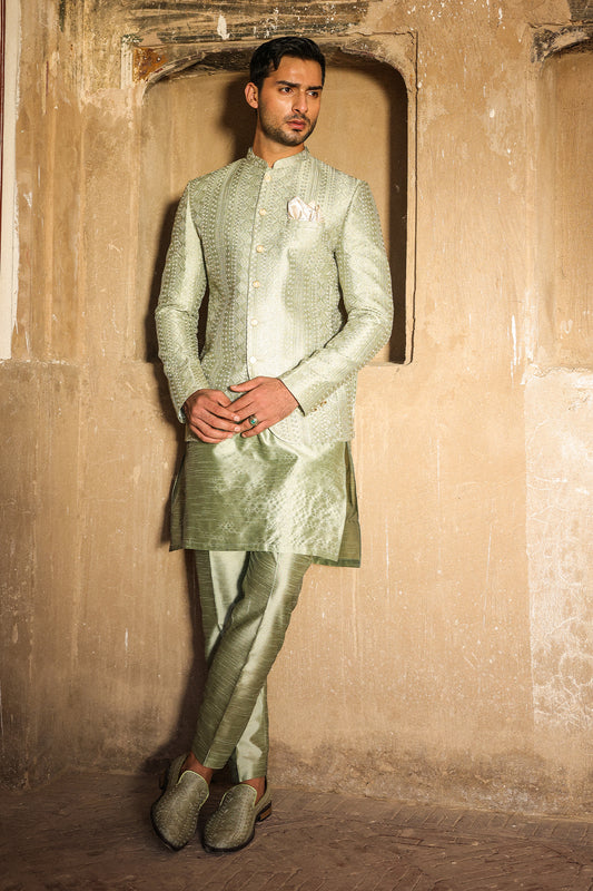 SAGE GREEN INTRICATE EMBROIDERED PRINCE COAT PC-114