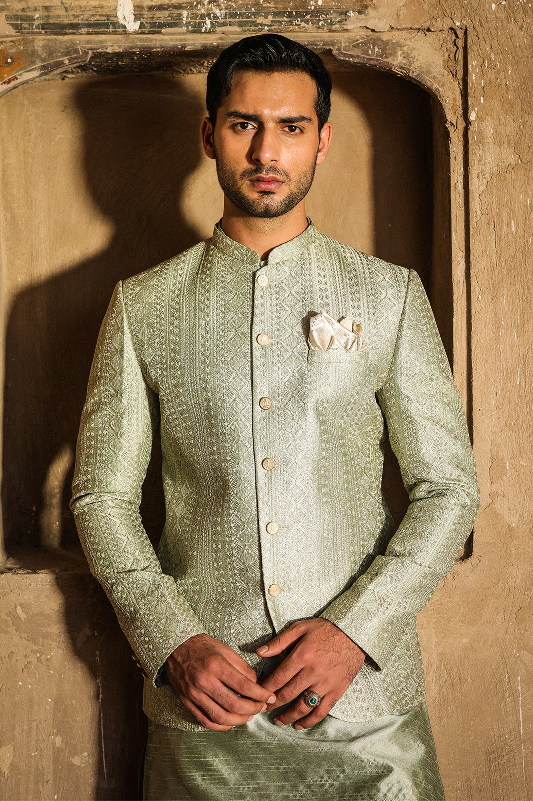 SAGE GREEN INTRICATE EMBROIDERED PRINCE COAT PC-114