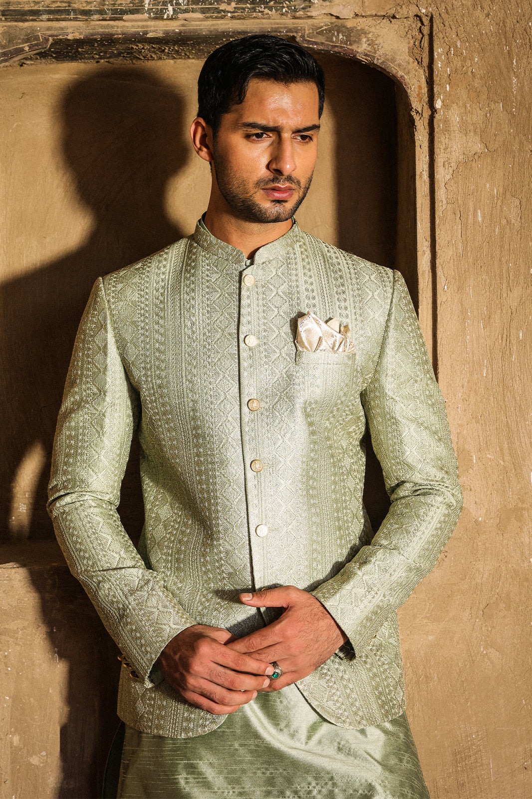 SAGE GREEN INTRICATE EMBROIDERED PRINCE COAT PC-114