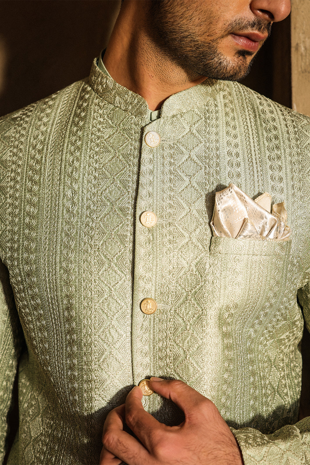 SAGE GREEN INTRICATE EMBROIDERED PRINCE COAT PC-114