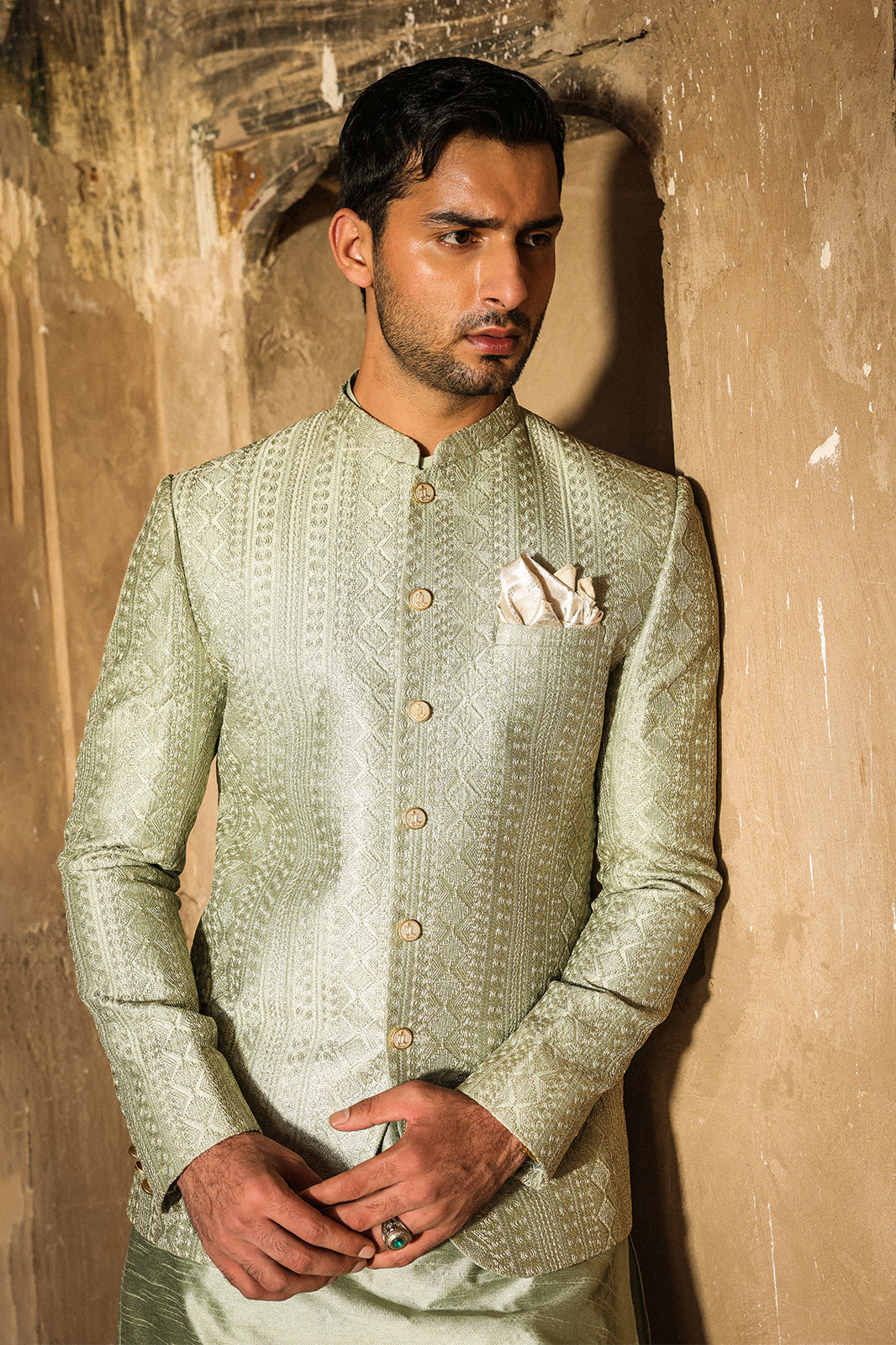 SAGE GREEN INTRICATE EMBROIDERED PRINCE COAT PC-114