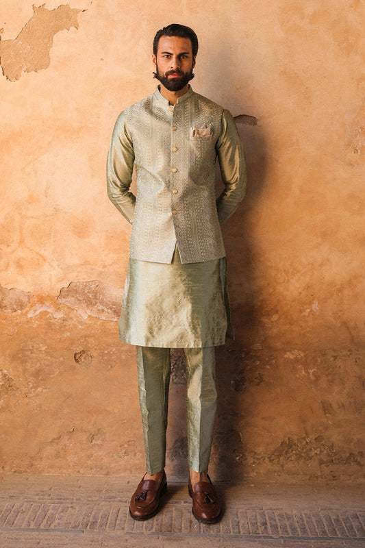 SAGE GREEN INTRICATE EMBROIDERED WAIST COAT WC-305
