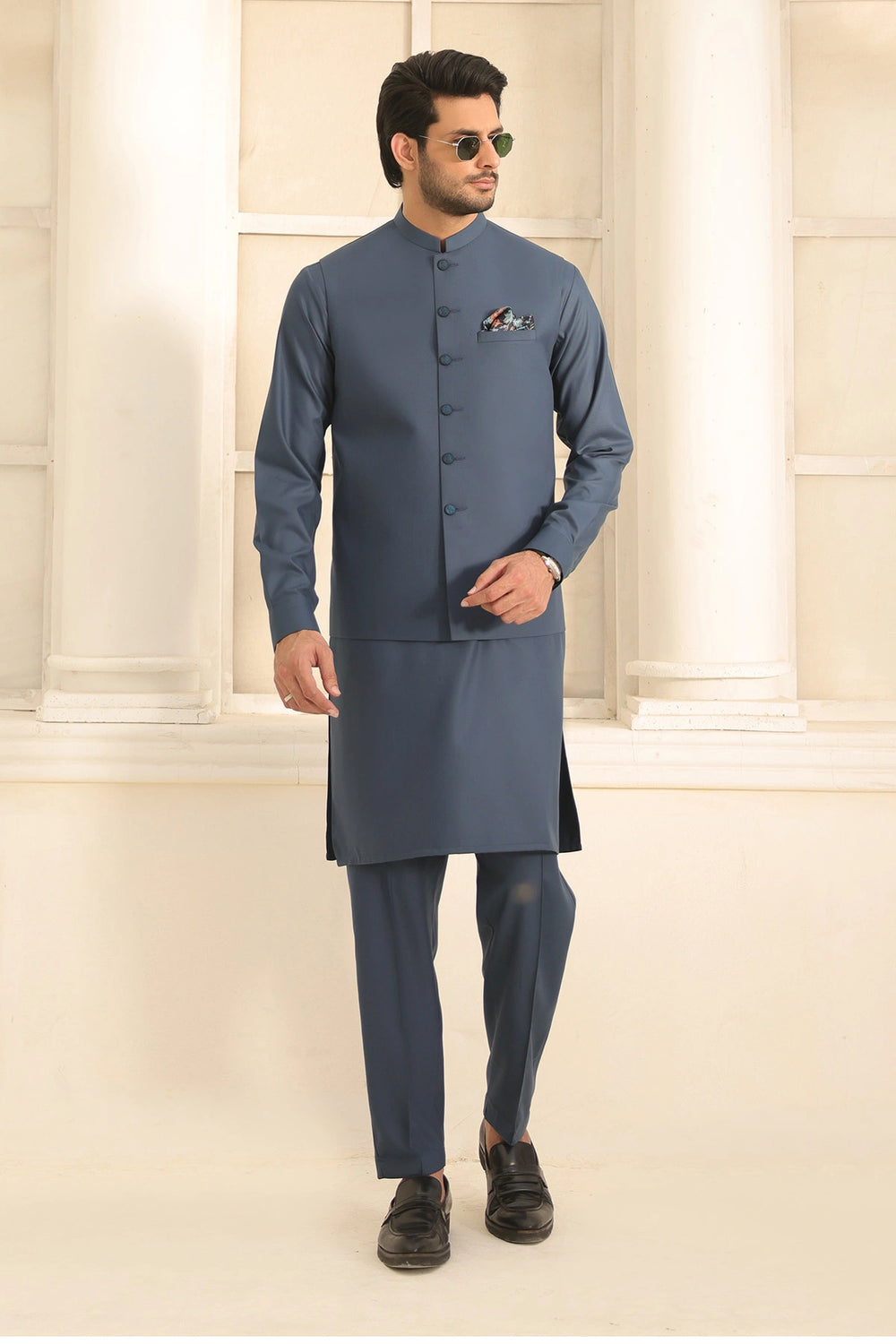 Mens Royal Blue Kurta Pant & Waistcoat