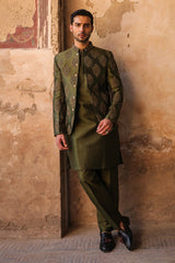 Green Embroidered Prince Coat for Men