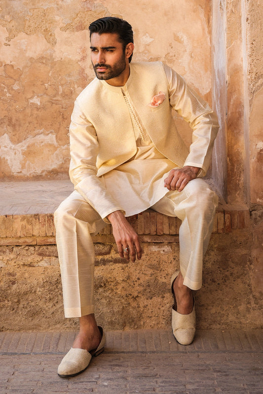 Cream Intricate Embroidered Waistcoat for Men