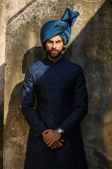 Teal with Blue Embroidered Sherwani for Men