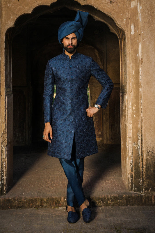 Teal with Blue Embroidered Sherwani for Men