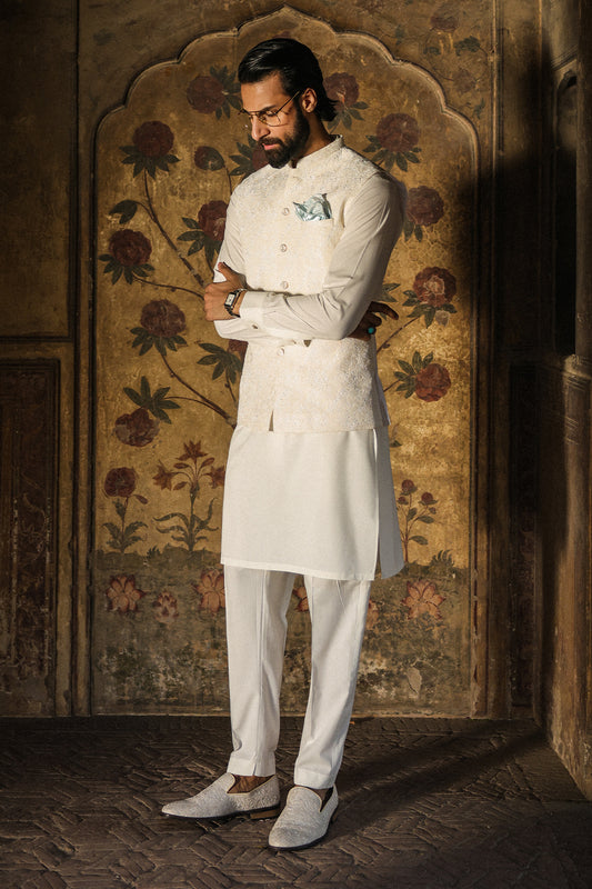 OFFWHITE SELF EMBROIDRED WAIST COAT - WC-308