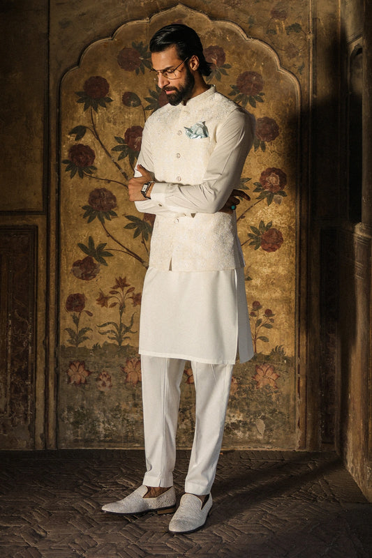 Off White Self Embroidered Waistcoat for Men