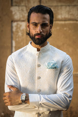Off White Self Embroidered Waistcoat for Men