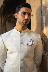 Ice Blue & Off-White Embroidered Prince Coat for Men
