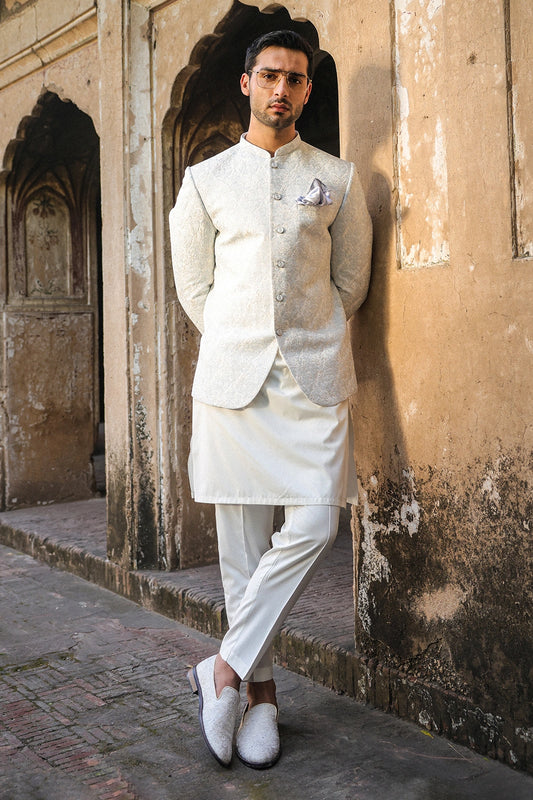 Ice Blue & Off-White Embroidered Prince Coat for Men