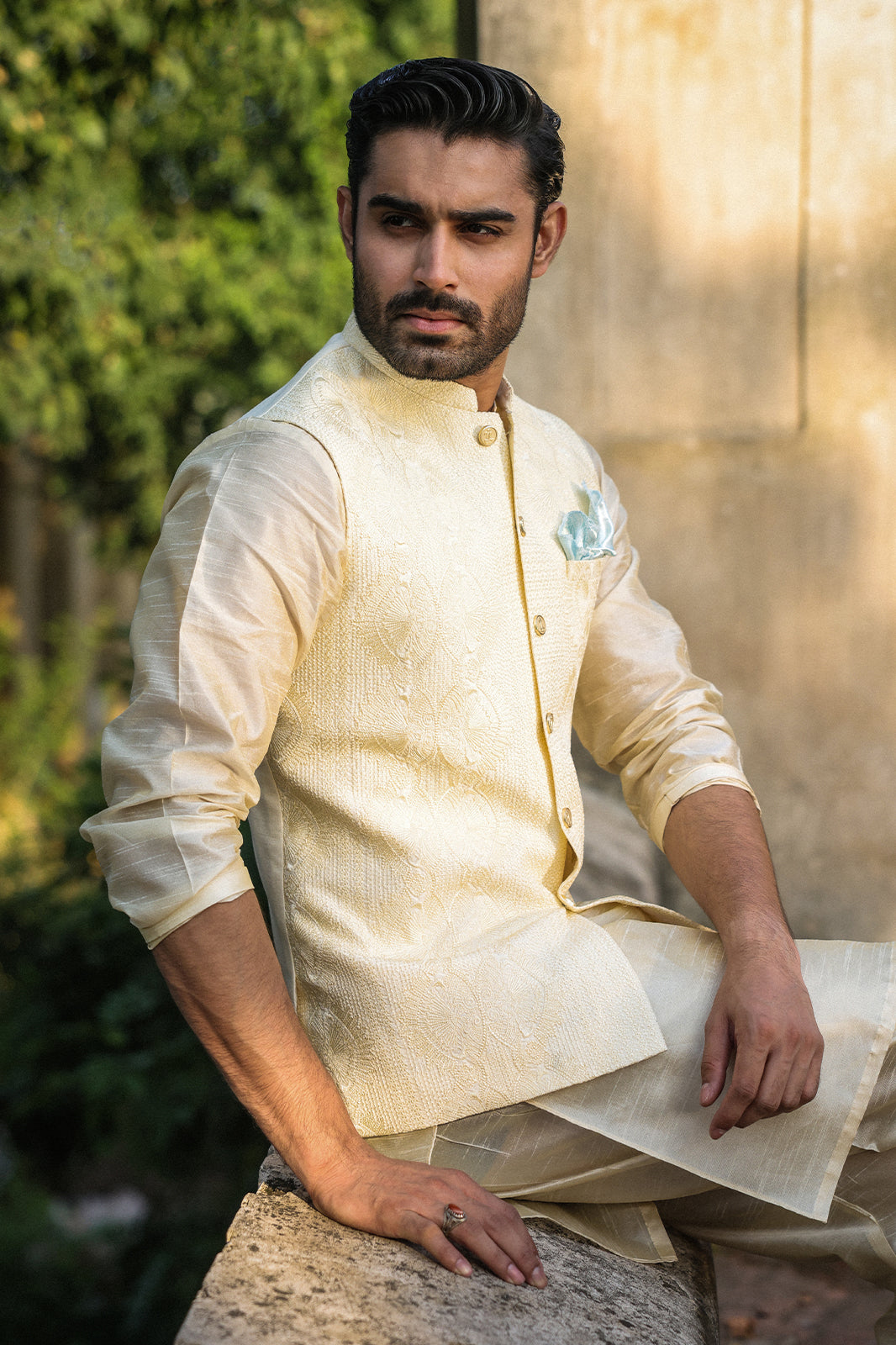 IVORY SELF EMBOIDERED WAISTCOAT WC-302