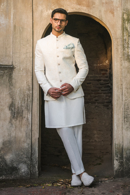 OFFWHITE SELF EMBROIDRED PRINCE COAT PC-117