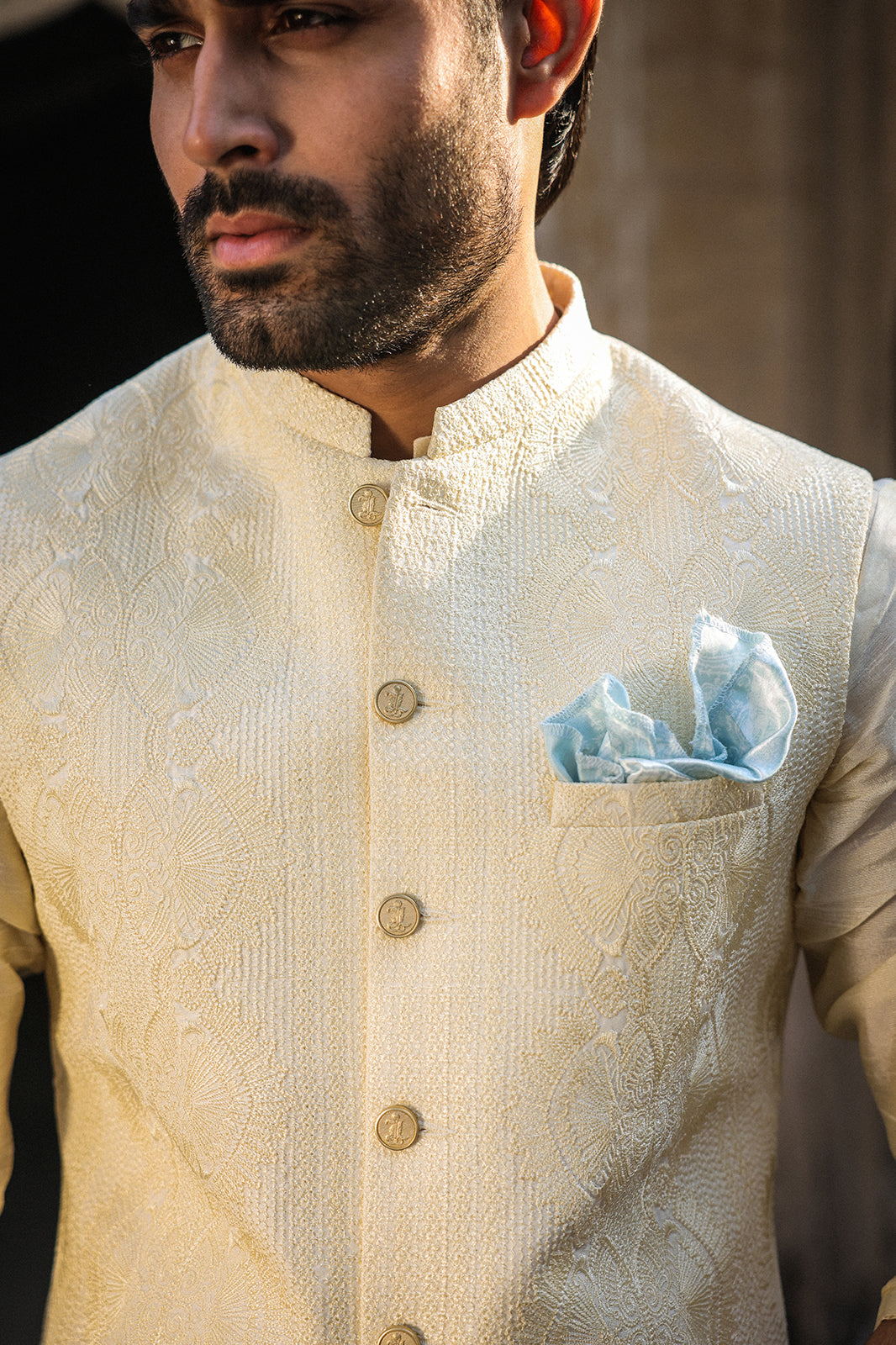 IVORY SELF EMBOIDERED WAISTCOAT WC-302