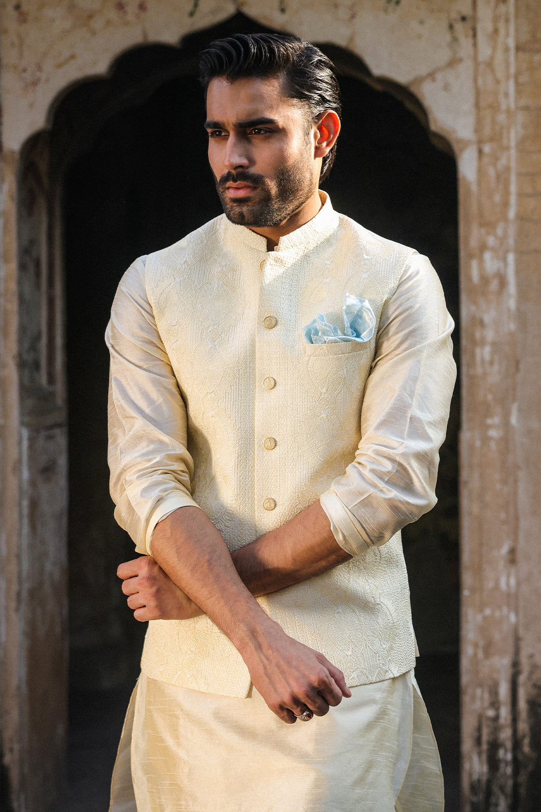 IVORY SELF EMBOIDERED WAISTCOAT WC-302