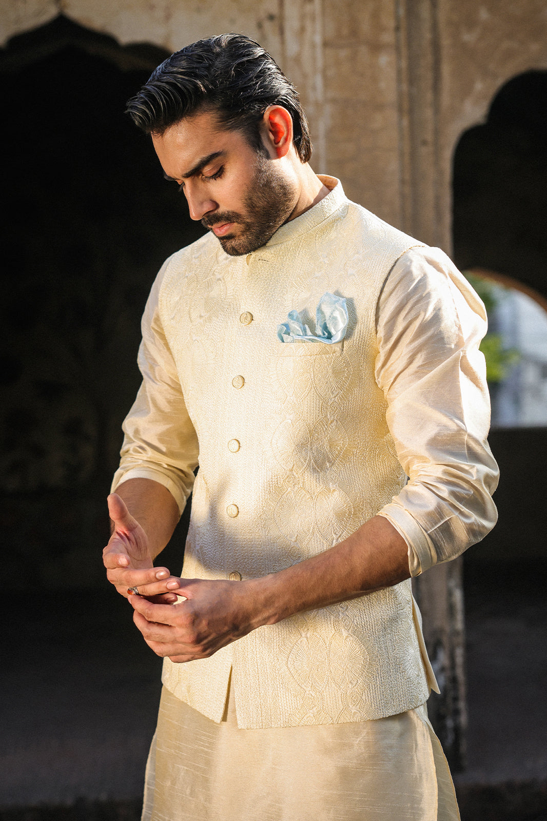 IVORY SELF EMBOIDERED WAISTCOAT WC-302
