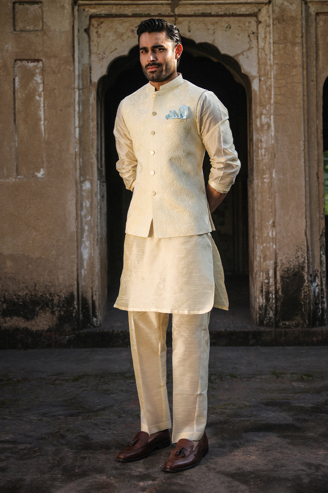 IVORY SELF EMBOIDERED WAISTCOAT WC-302
