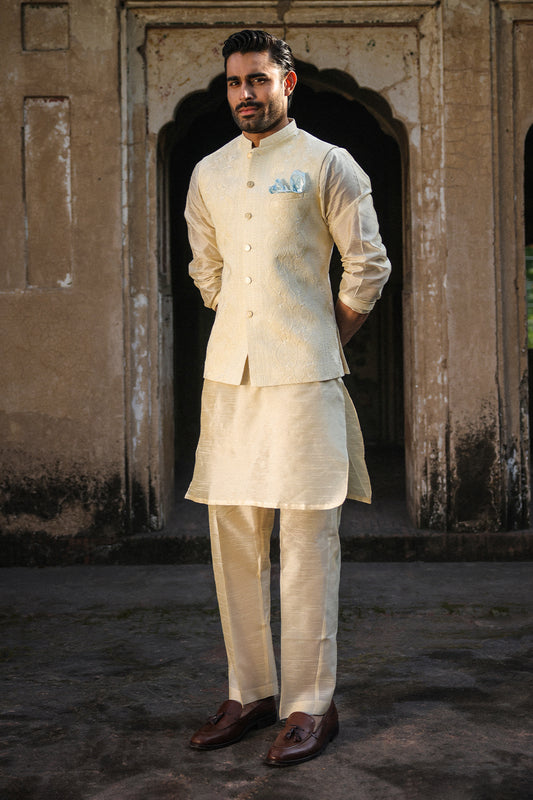 IVORY SELF EMBOIDERED WAISTCOAT WC-302