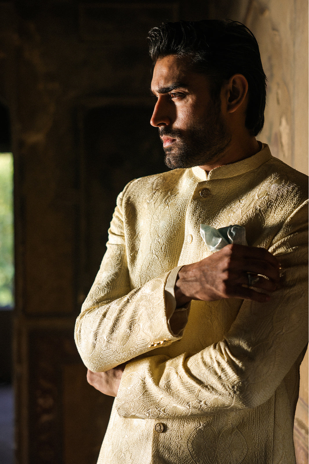 IVORY SELF EMBOIDERED PRINCE COAT PC-111