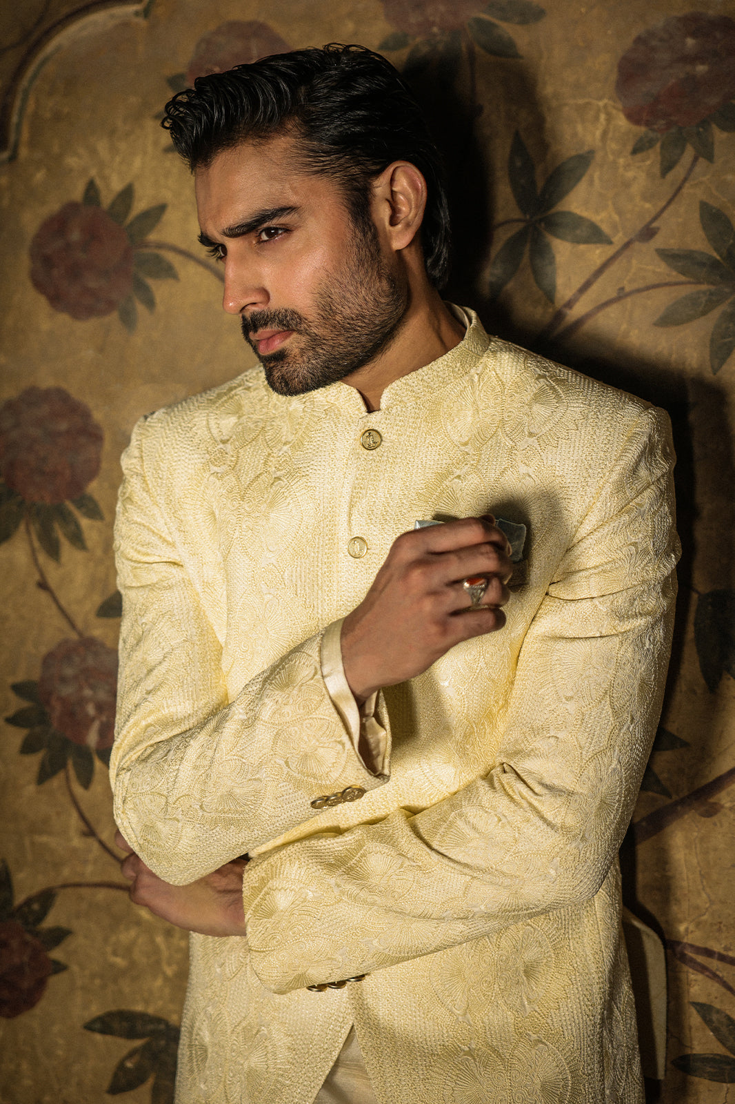 IVORY SELF EMBOIDERED PRINCE COAT PC-111