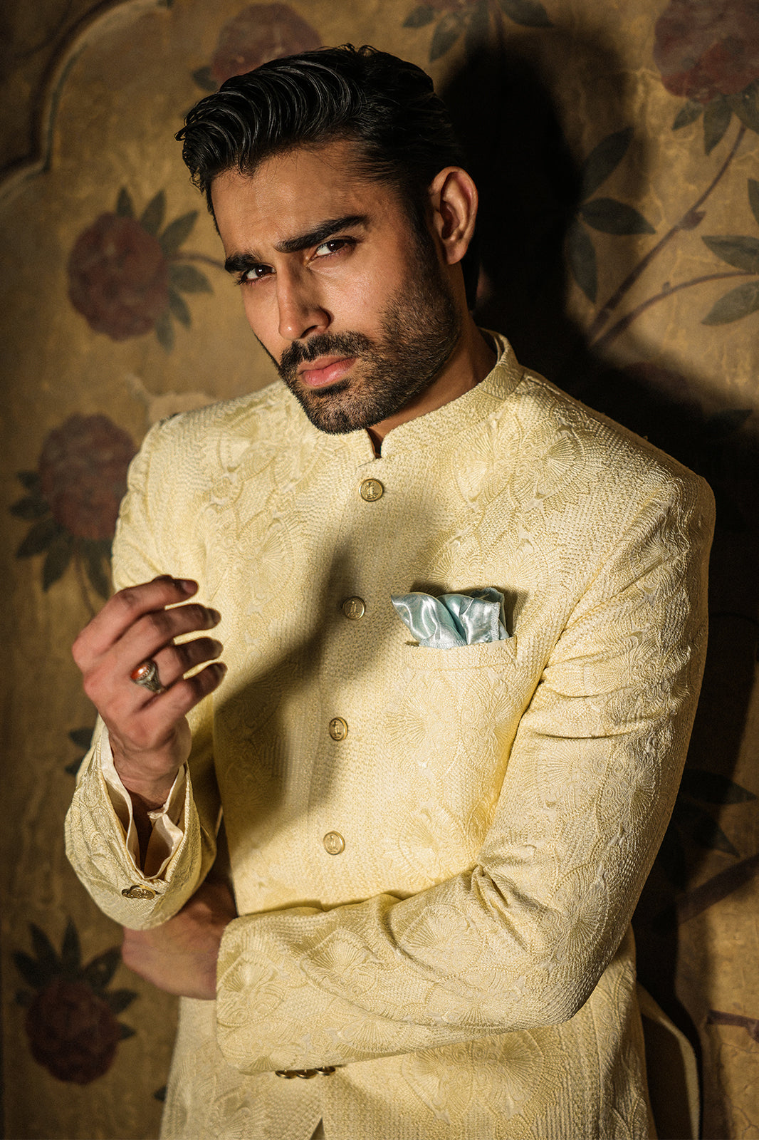 IVORY SELF EMBOIDERED PRINCE COAT PC-111