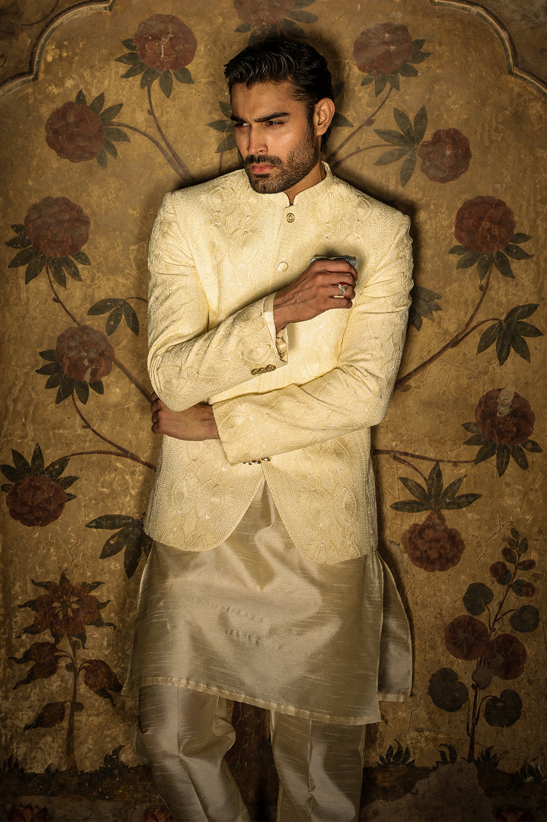 IVORY SELF EMBOIDERED PRINCE COAT PC-111