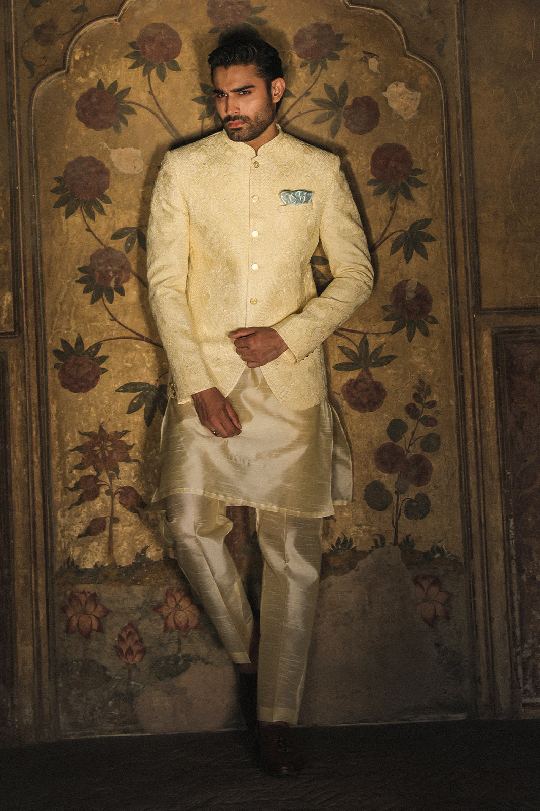 IVORY SELF EMBOIDERED PRINCE COAT PC-111