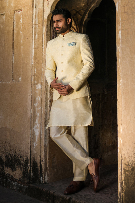 IVORY SELF EMBOIDERED PRINCE COAT PC-111