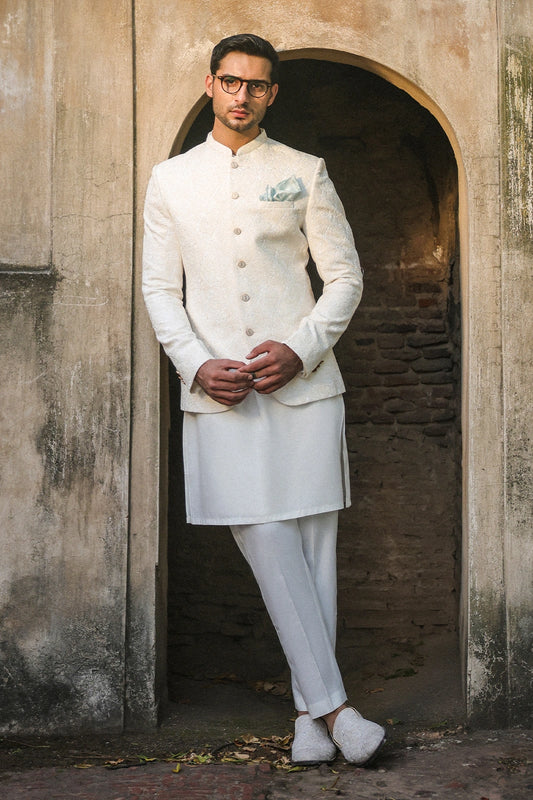 Off White Self-Embroidered Prince Coat for Men