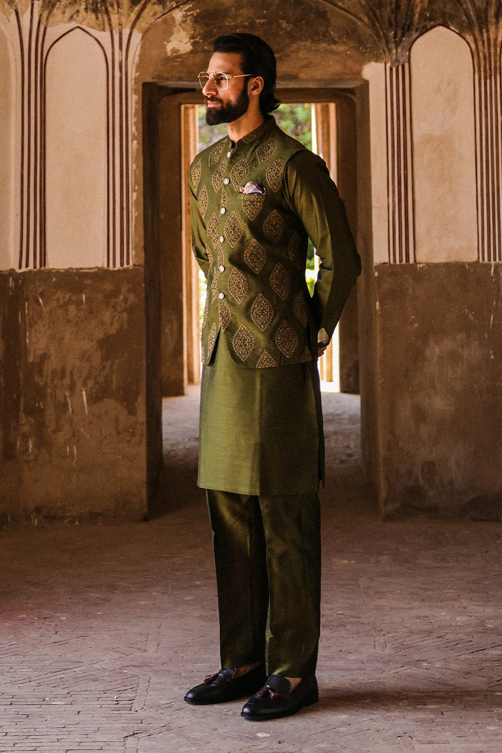 Green Embroidered Mens Waistcoat