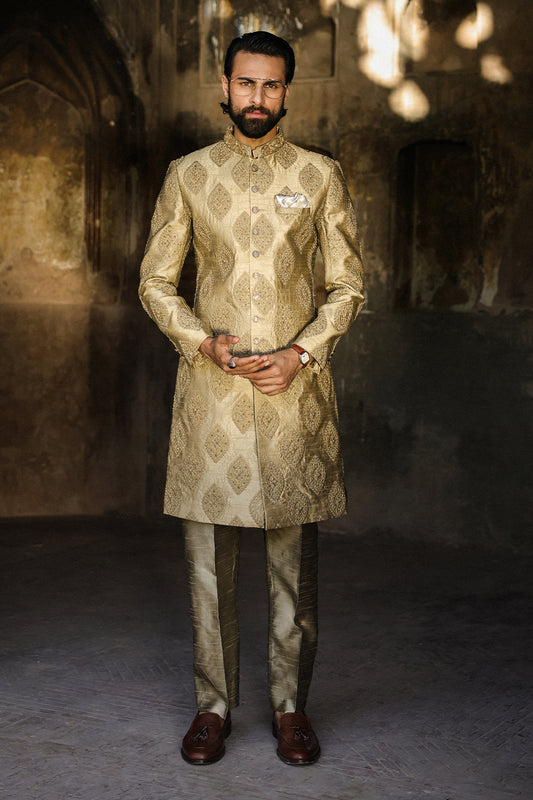 GOLDEN EMBOIDERED SHERWANI WITH HAND WORK GSW-112