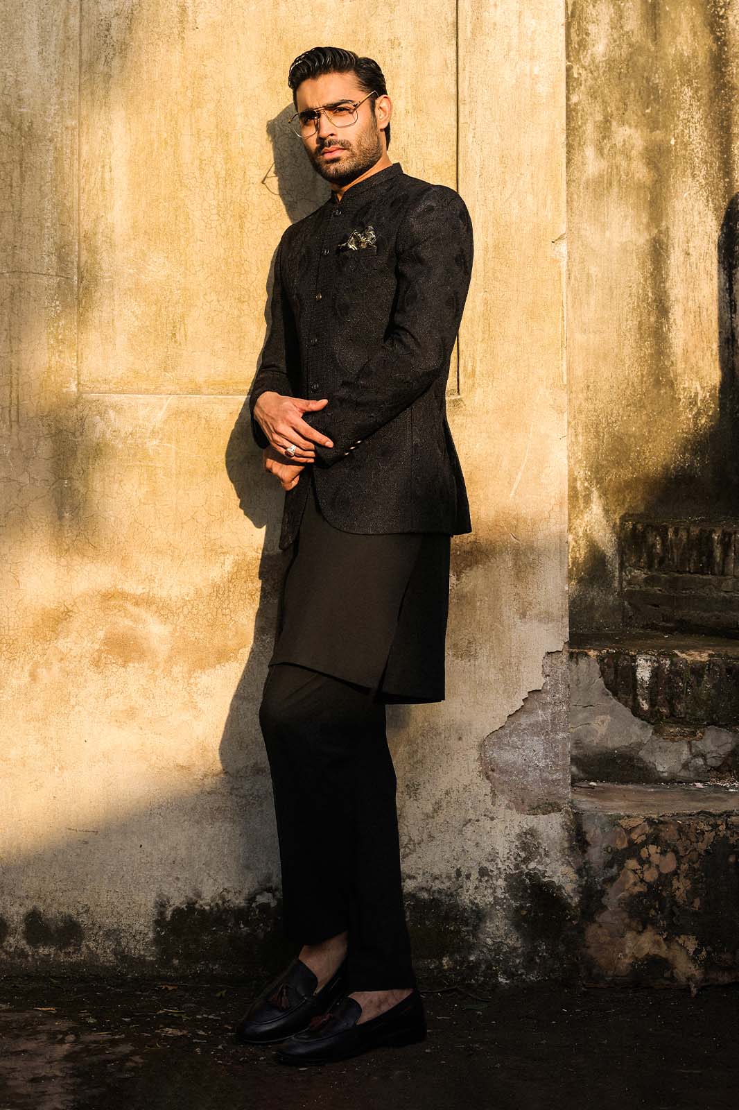 BLACK SELF EMBROIDRED PRINCE COAT -PC-113