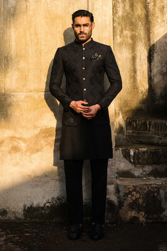 BLACK SELF EMBROIDRED PRINCE COAT -PC-113