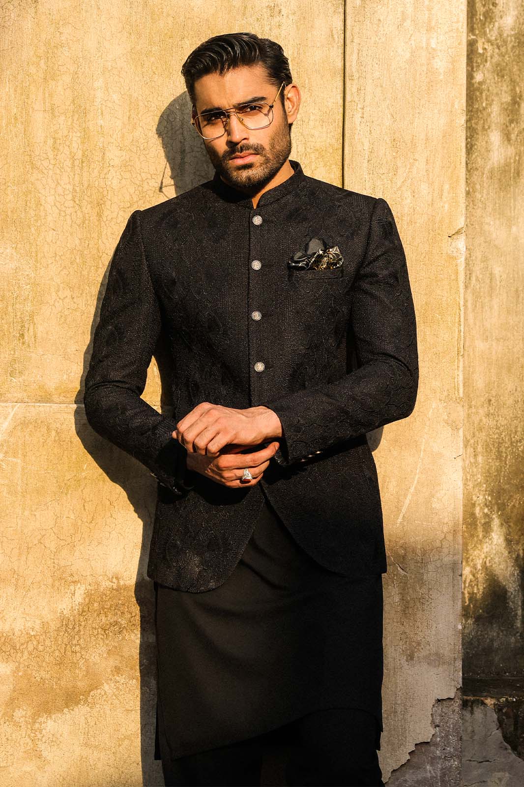 BLACK SELF EMBROIDRED PRINCE COAT -PC-113