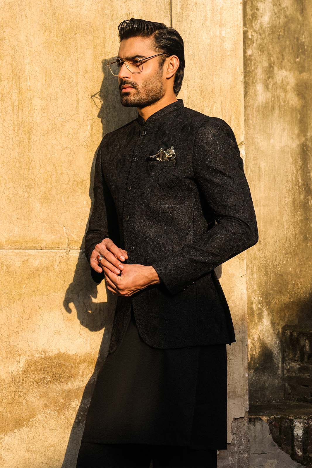 BLACK SELF EMBROIDRED PRINCE COAT -PC-113