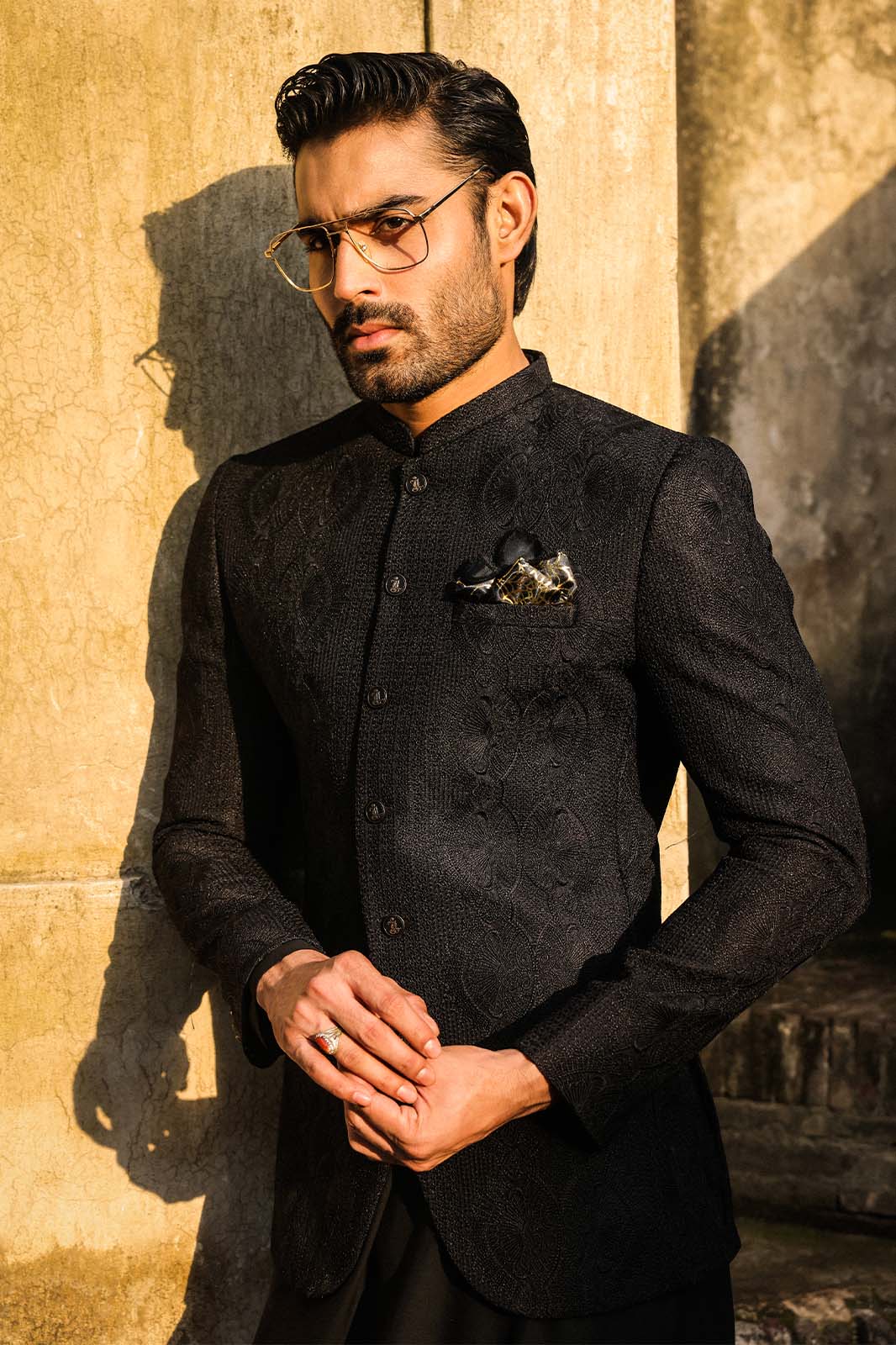 BLACK SELF EMBROIDRED PRINCE COAT -PC-113