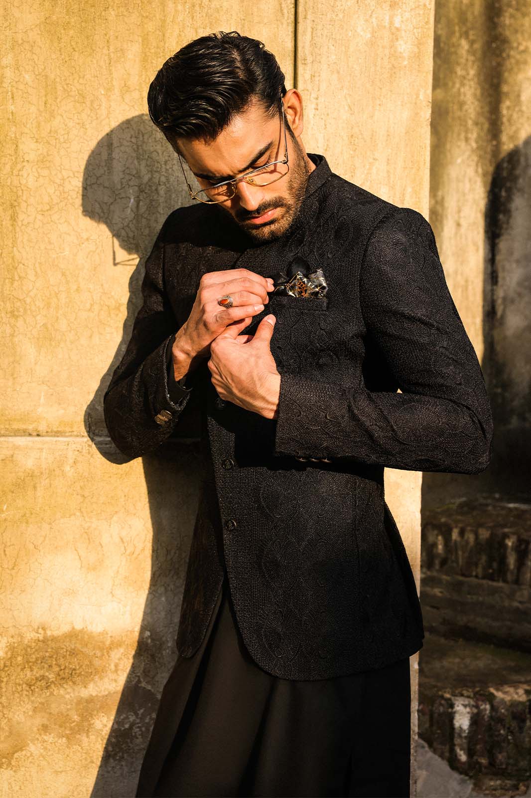 BLACK SELF EMBROIDRED PRINCE COAT -PC-113