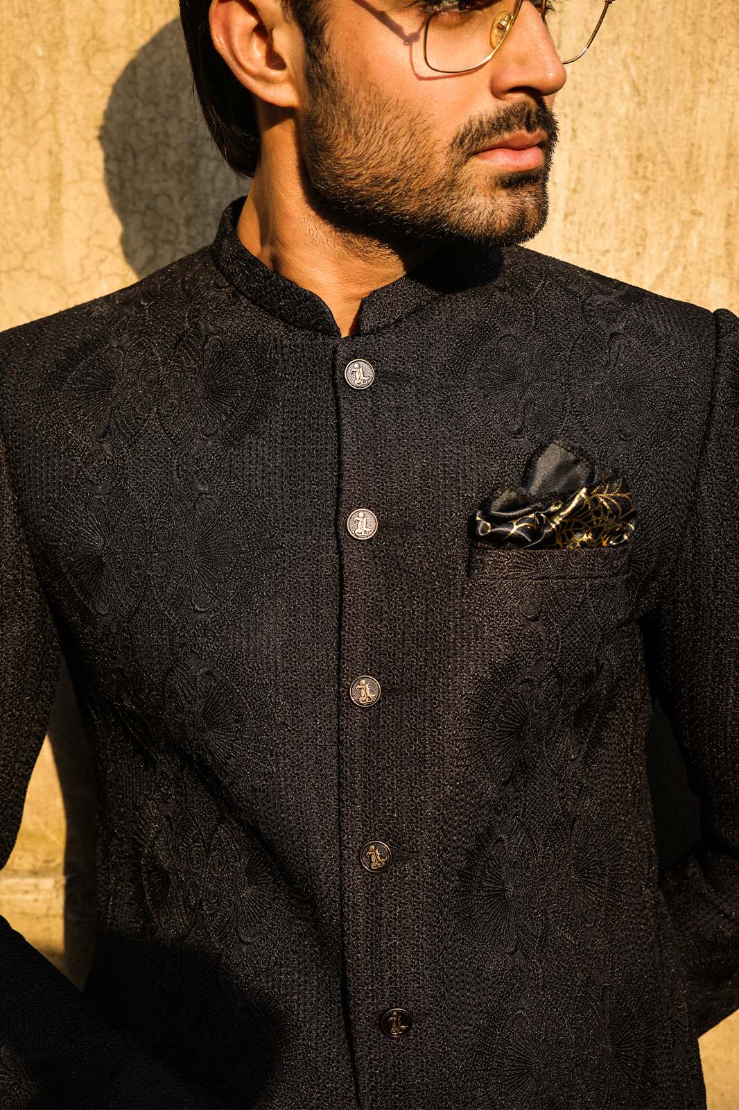 BLACK SELF EMBROIDRED PRINCE COAT -PC-113