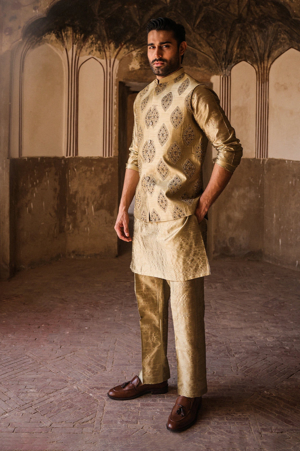 Golden Embroidered Men’s Waistcoat Online Pakistan