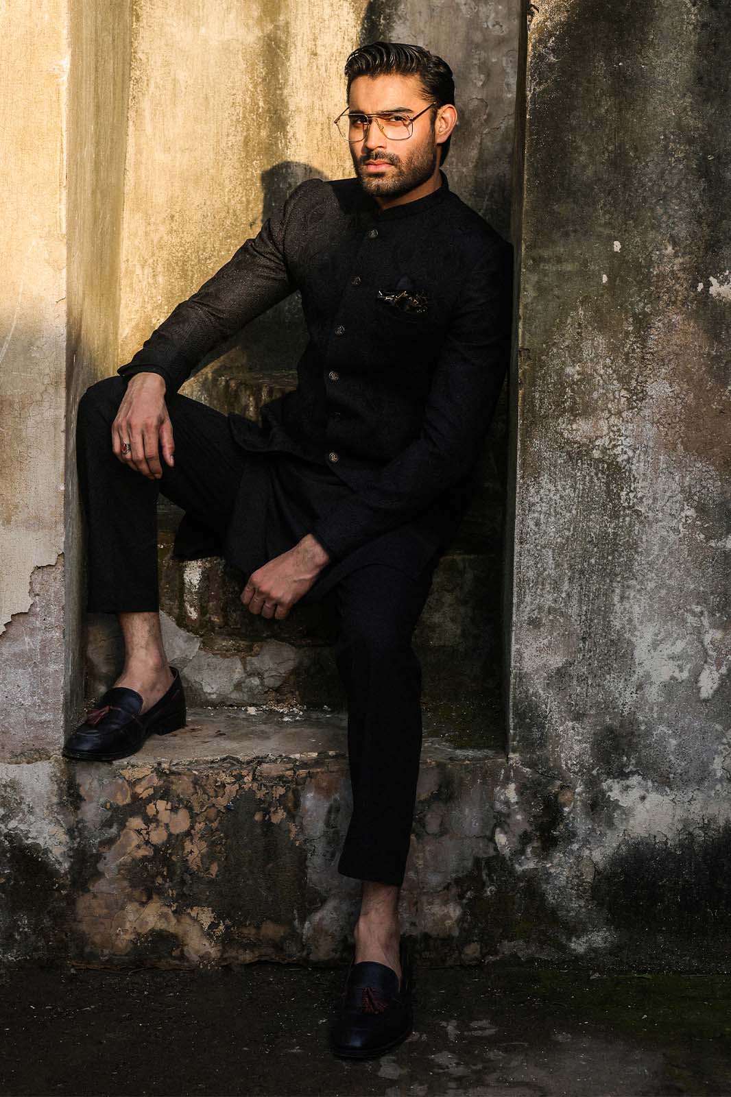 BLACK SELF EMBROIDRED PRINCE COAT -PC-113
