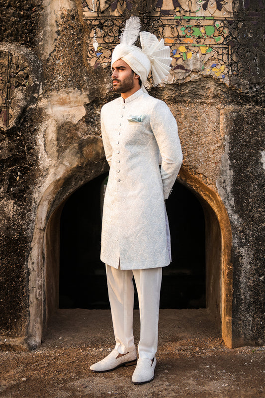 ICE BLUE WITH OFFWHITE EMBROIDRED SHERWANI GSW-114