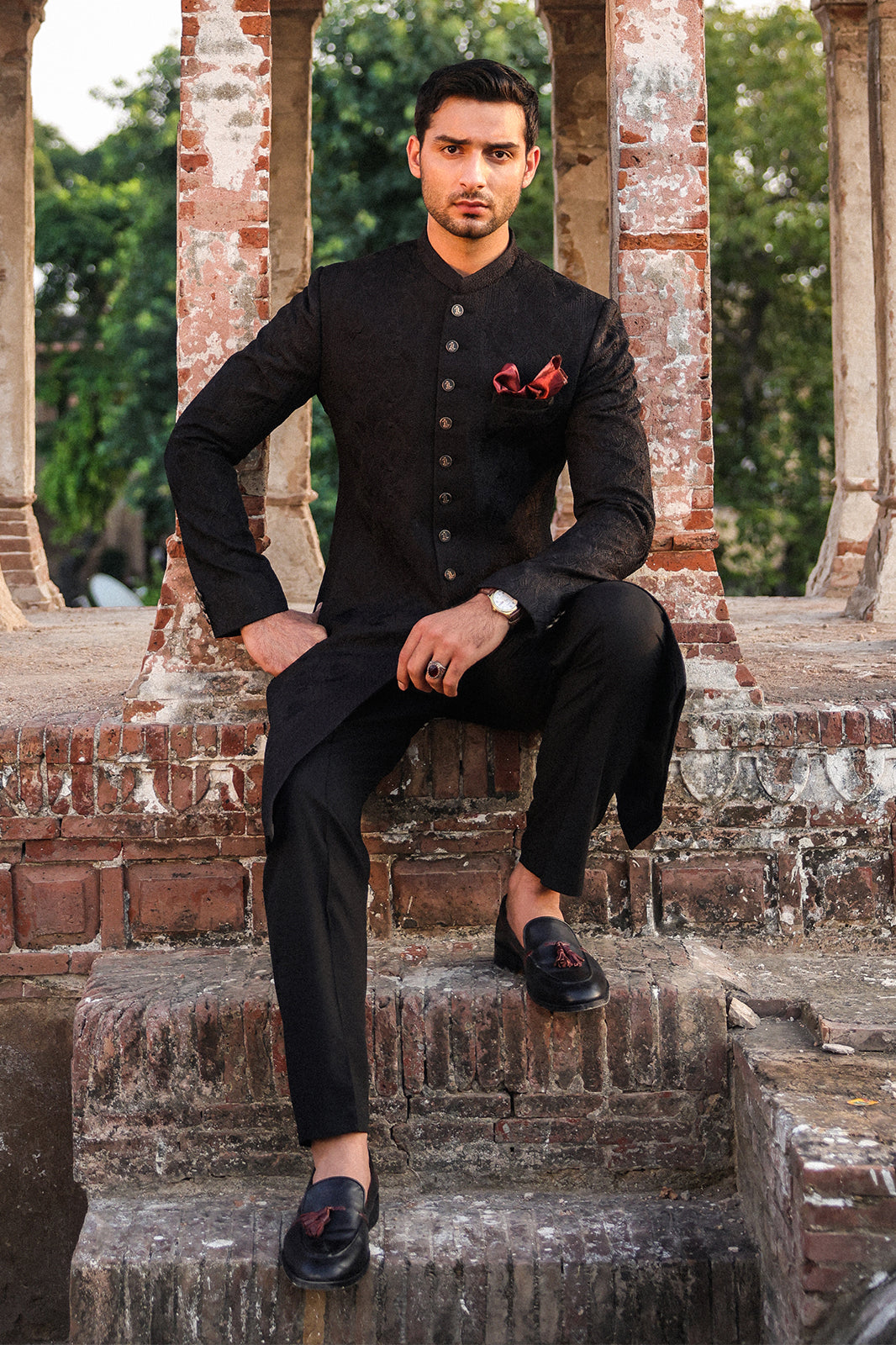BLACK SELF EMBROIDRED SHERWANI GSW-111