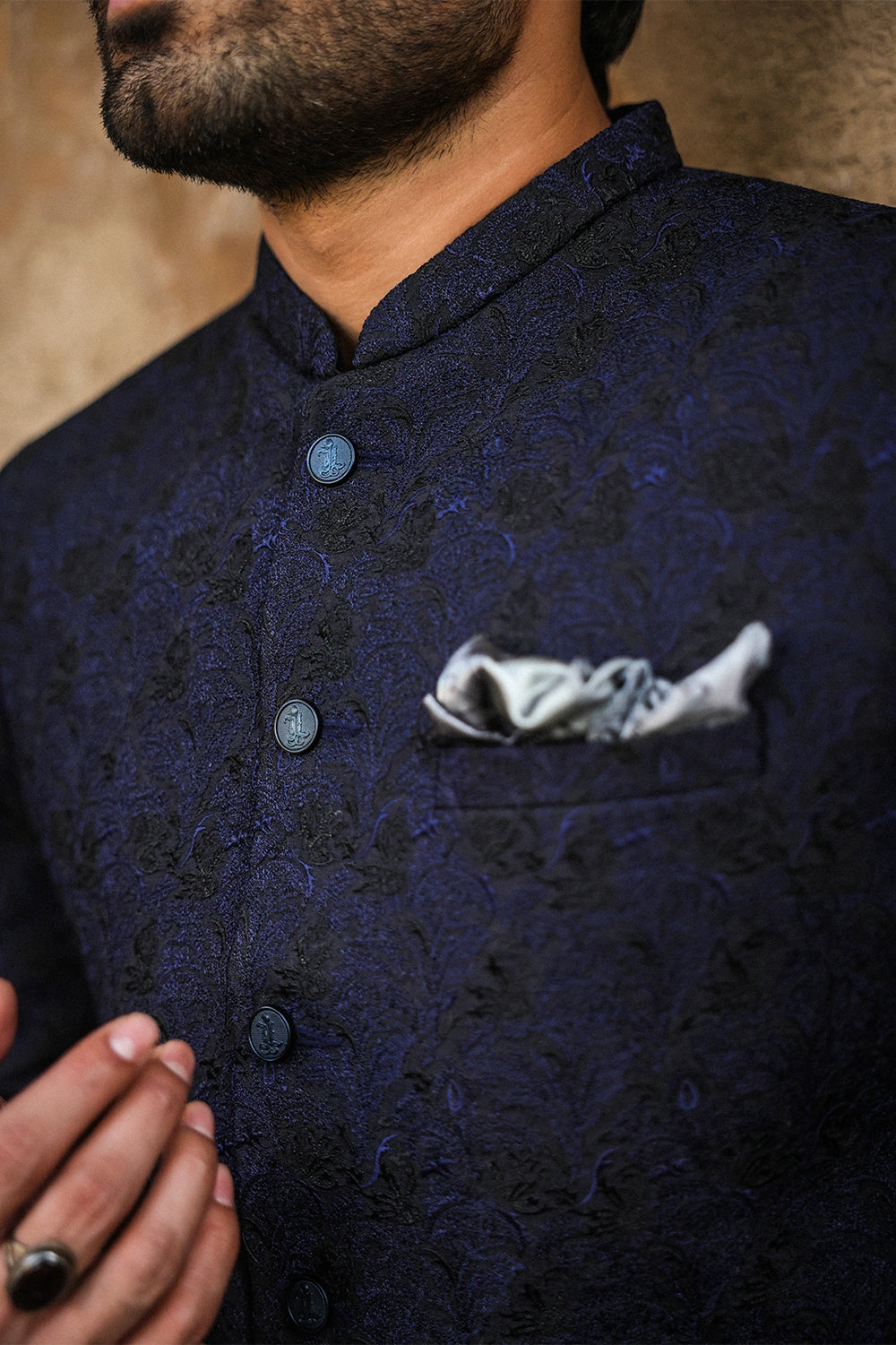 Black & Blue Embroidered Prince Coat for Men