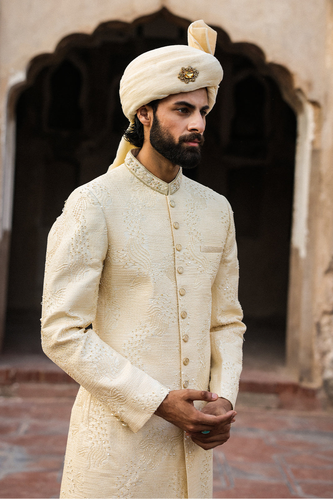 Cream Intricate Hand Embroidery Sherwani   - GSW - 109