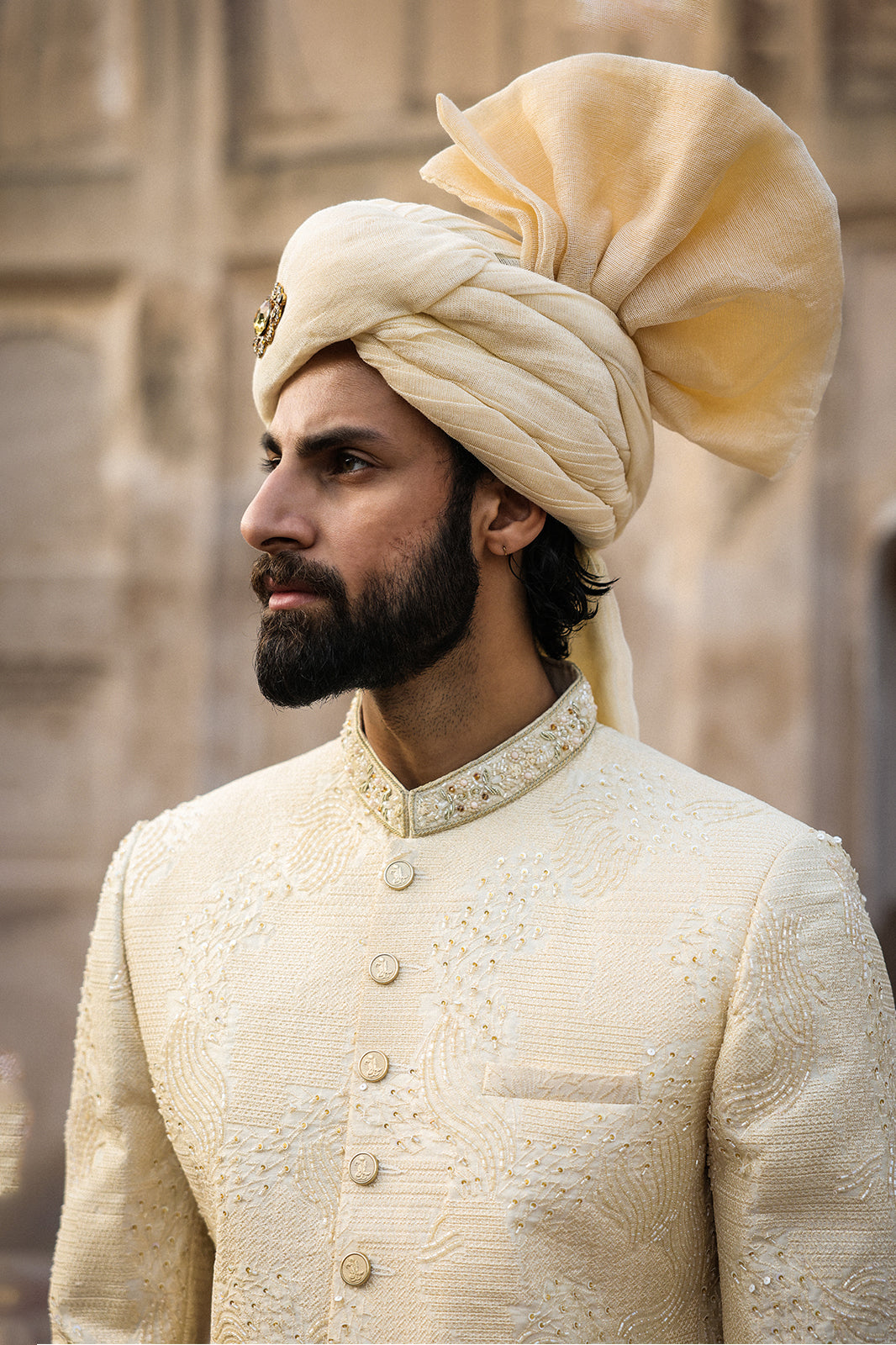Cream Intricate Hand Embroidery Sherwani   - GSW - 109