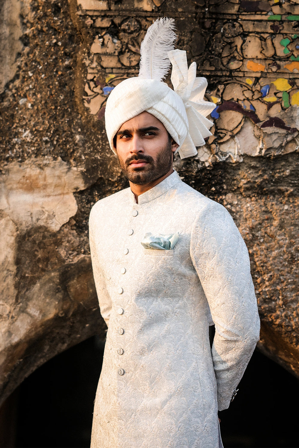 Ice Blue & Off-White Embroidered Sherwani for Men