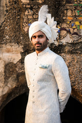 Ice Blue & Off-White Embroidered Sherwani for Men