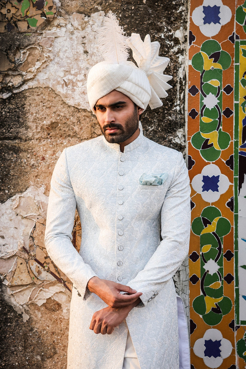 Ice Blue & Off-White Embroidered Sherwani for Men