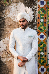 Ice Blue & Off-White Embroidered Sherwani for Men